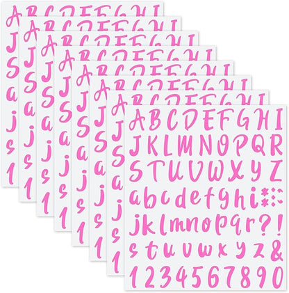 Outus 576 Pieces 8 Sheets Letters Stickers Self Adhesive Vinyl Letter Alphabet Number Stickers Mailbox Numbers Sticker, Decals for Classroom Decor, Sign, Door(Pink,1 Inch)