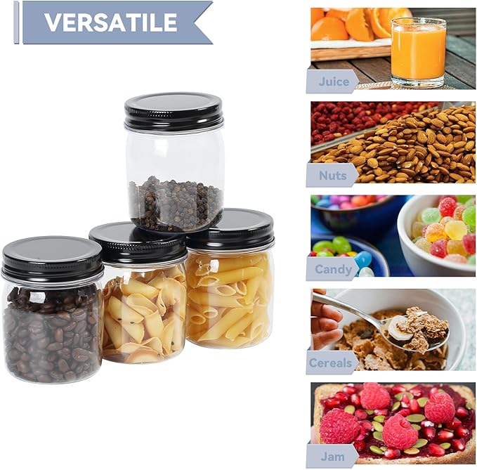 novelinks 8 oz Clear Plastic Jars with Screw-On Lids - BPA-Free Refillable Storage Containers for Slime, Spices, Crafts, Kitchen & Home Organization (16 Pack,Black)