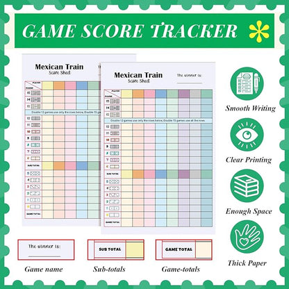 2 Pack 120 Sheets Mexican Train Score Pads Colorful Chicken Foot Dominoes Game Scorepad Adult Mexican Train Score Sheet Scoreboard Paper Record Clearly for Family Game (8 x 5.5 Inches)
