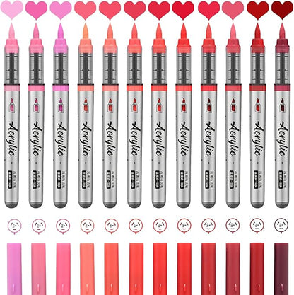 Red Acrylic Paint Pens,12 Color Paint Pens Markers,Brush Tip Paint Pens for Rock Painting Wood Glass Ceramic Canvas Stone DIY Crafts Making Art Supplies