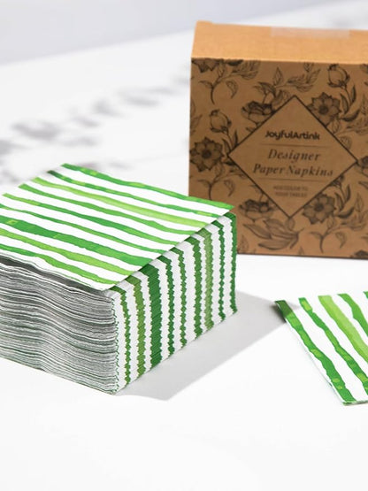80 Pack Designer Cocktail Beverage Napkins, 3-Ply 5x5-inches Disposable Decorative Fall Winter Green and White Stripe Watercolor Napkin for Wedding Birthday Anniversary Party Baby Shower