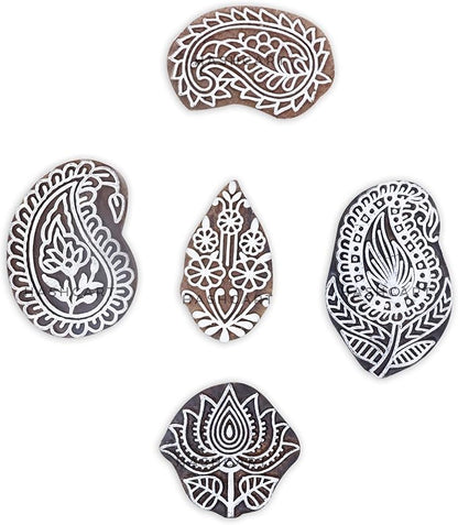 HASHCART® Elegant Designs Flower and Lotus Wooden Block Stamps Set of 5, Handmade Wood Printing Stamps for Kids' Art Projects, Textiles, Fabric, Clay, Henna, Tatotoo, Wood Stamp for Craft