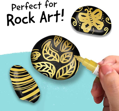 4 Dual Tip Gold Paint Pen Metallic - Fine Tip & Medium Acrylic Paint Markers - Gold Marker for Metal, Wood, Rock Painting, Canvas, Ceramic, Glass, Fabric, Leaf and Plastic - Water-based Ink