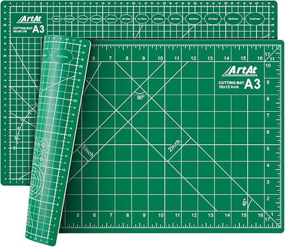 ArtAt Self Healing Cutting Mat: 12″x 18″ Green Double Sided Non-Slip 5 Layers PVC Durable Craft Sewing A3 Mat for Rotary Cutter, Use for Quilting and Scrapbooking and Craft & Art Projects…