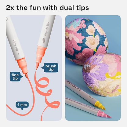 ARTISTRO 24 Pastel Dual Tip Brush + Fine Acrylic Paint Markers - Easy for All Ages & Levels Paint Pens for Fabric, Rock, Glass, DIY - Halloween Pumpkin Painting Kit, Art Supplies, Christmas Gift