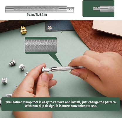 Leather Craft Stamping Tools, Leather Stamping Kit with 12 Tangcao Patterns Stamp and Punch Tools and 25mm Hammer and 3 thimbles for Craft Stamps