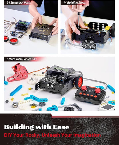 WhalesBot Rocky Smart Robot Car Coding & Remote Control Kit for Kids 8-16, STEM, Modular/Scratch/Python/C Programming, Educational Engineering Science Toy Set
