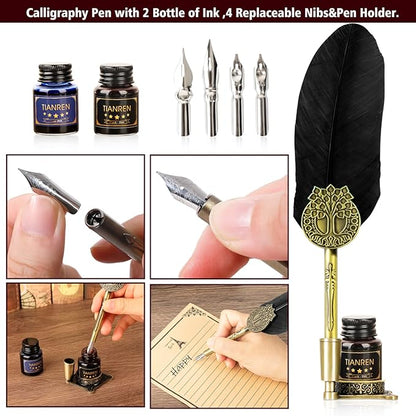 Quill pen ink set,Feather Pen and Ink Set,Antique Calligraphy Pen with 4 Replaceable Nibs,2 Bottle of ink,Feather Dip Pen Holder Christmas Gift for Men&Women.(Black)