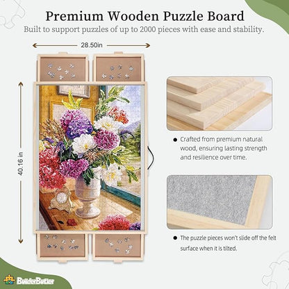2000 Pieces 2-in-1 Tilting & Rotating Puzzle Board, 40.16"x28.5"Portable Puzzle Table with 4 Drawers & Cover