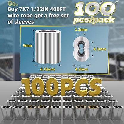 316 Stainless Steel Cable, 400FT 1/32IN Wire Rope with 100Pcs Aluminum Sleeves Stops, for String Lights Hanging, Clotheslines, Trellis Wire