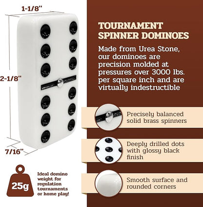 Alex Cramer Le Club Luxury Domino Set with Handcrafted Walnut Case and Cribbage/Counter Top - Tournament Quality 28 Indestructible (Domino Spinner Set with Brass Plate)