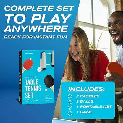 PRO SPIN All-in-One Ping Pong Set - Retractable Ping Pong Net for Any Table (72"), Ping Pong Paddles and Balls, Storage Case - Portable Table Tennis Family Games, Gifts for Boys & Girls
