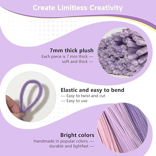 Pipe Cleaners Craft 500PCS 5 Colors Purple Pipe Cleaners Bulk 30CM Limpia Pipas para Manualidades Fuzzy Wire Chenille Stems for Arts Crafts and Creative DIY Projects Decorations