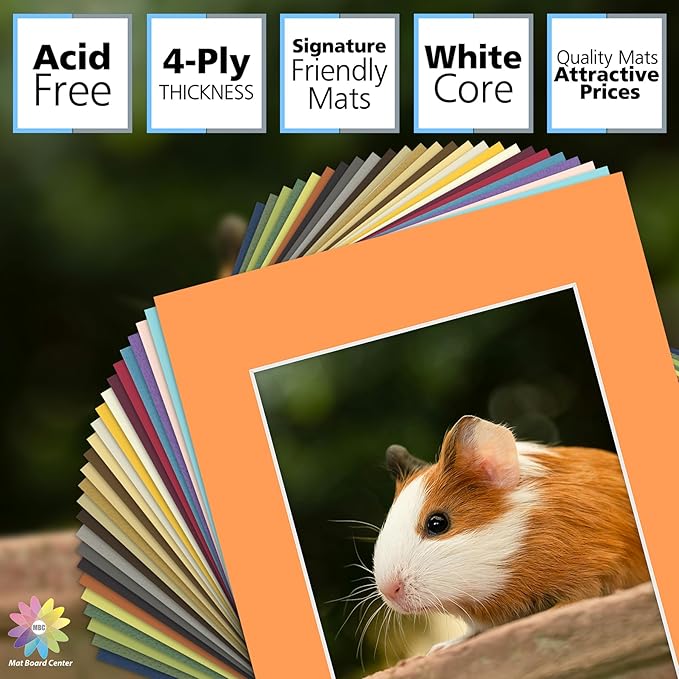 Mat Board Center, Pack of 50, 11x14 for 8x10 Mixed Color Mats - Acid Free, 4-ply Thickness, White Core - for Pictures, Photos, Framing