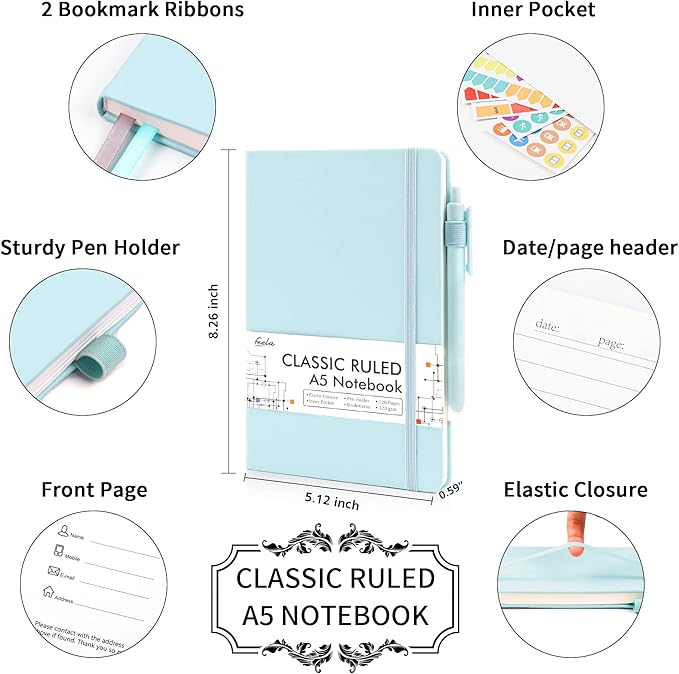 feela 24 Pack Journal Notebook Bulk for Work, Business Notebook Hardcover Lined Writing Journal with Pen Holder for Students Women Note Taking, with 24 Black Pens, 120 GSM, 5.1”x8.3”, A5, Sky Blue