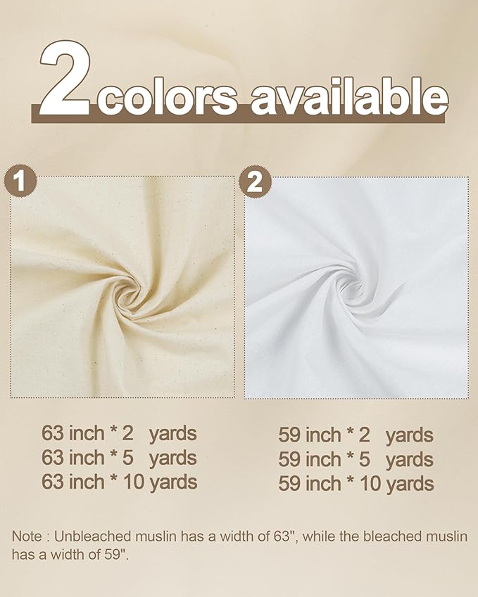 HOTGODEN Medium Weight 100% Cotton Muslin Fabric: 63 inch x 2 Yards Unbleached Muslin Linen Fabric Material for Sewing Material Apparel Cloth