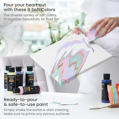 ARTEZA Acrylic Pouring Paint Set, 8 Pastel Colors, 4 oz Bottles, High-Flow Paint, No Mixing Needed, Art Supplies for Canvas, Glass, Paper, Wood, Tile, and Stones
