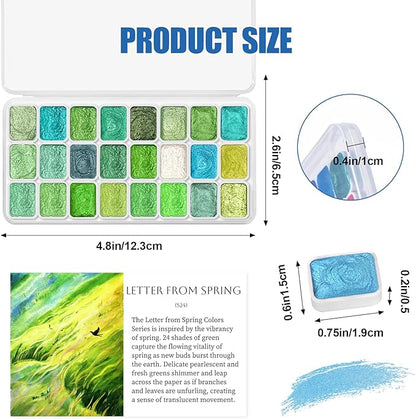 Mini Glitter Watercolor Paint Set with Paper, 24 Colors Shimmer Metallic Watercolour Painting Sets, Solid Pearl Water Color Paints for Adult, Kids, Green 1ml Trial Pack(Letter from Spring)