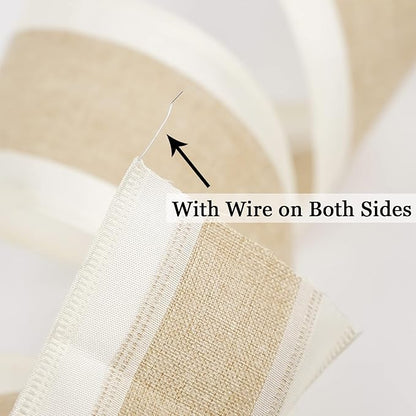 MEEDEE Burlap Wired Ribbon with Satin Edge - White Stripe, 2.5 Inch, 10 Yards for Wreath, Garland, Topper, Bow Making, Fall, Christmas, Wedding Decorations