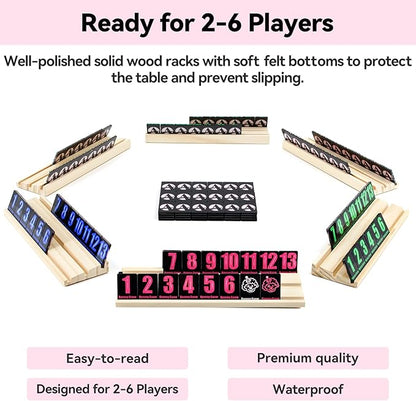 Rummy Cube 6 Player Edition with 6 Wooden Racks 160 Acrylic Tiles (1.5'') Rummy Game with Bag 6 Player Travel Size Rummy Game Large Number Rummy Tiles Game Set for Family Classic Board Games (Black)
