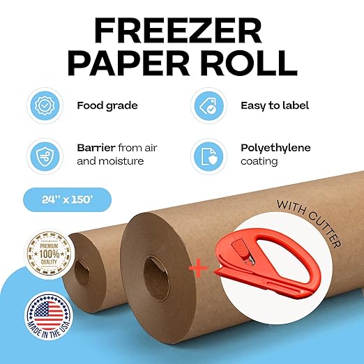 Brown Freezer Paper Roll 24" x 1800" (150 feet) with Cutter - USA-made Freezer Paper for Meat & Fish - Poly-Coated Food Wrapping Material for Freezing - Barrier Against Air & Moisture by IDL Packaging