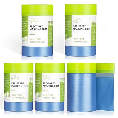 Pre-Taped Masking Film for Painting - 22" x 66' Painters Plastic Sheeting with Automotive Paint Tape and Drape for Covering Cars, Walls, Windows and Furniture Protection (5 Rolls)