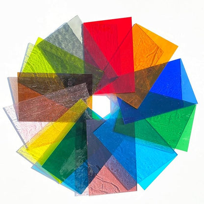 ILLUCKAI 12 Sheets Transparent Stained Glass Sheet Rainbow Colors, 6 x 4 inch Stained Glass Supplies Mosaic Glass Tiles for Stained Glass Artwork Mosaic Crafts