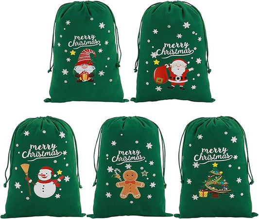 Tapleap Coth Christmas Bags with Drawstring - 50Pcs 7x10 Green Velvet for Small Bussiness Wrapping Christmas Party Favors or Gifts for Friends, Coworkers
