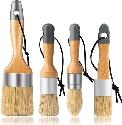Chalk and Wax Paint Brush Furniture Set of 4, Small Round and Large Oval Brush with Natural Bristles, Perfect for Painting or Waxing Furniture, Ideal for Home Decor