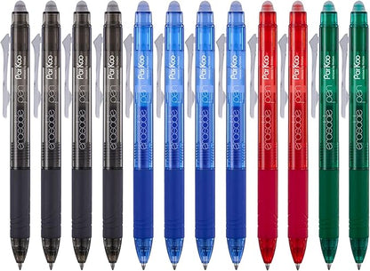 ParKoo Retractable Erasable Gel Pens Clicker Fine Point 0.7 mm, No Need for White Out, 4 Assorted Color Inks for Completing Sudoku and Crossword Puzzles, 12-pack