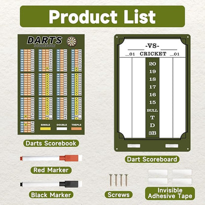 Darts Scoreboard - Dry Erase Dart Scoreboard for 301, 501 and Cricket Games - Come with Darts Scorebook & 2 Pens