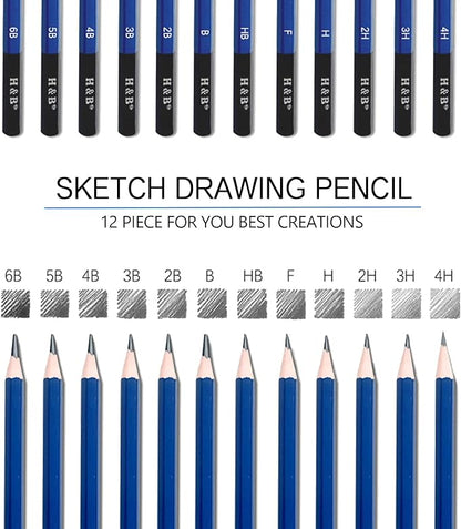 H & B 12 PCS Pencil Drawing Kit, H-4H, F, HB, B-6B Graphite and Charcoal Sketch Pencil Set for Beginners, Professional Artists