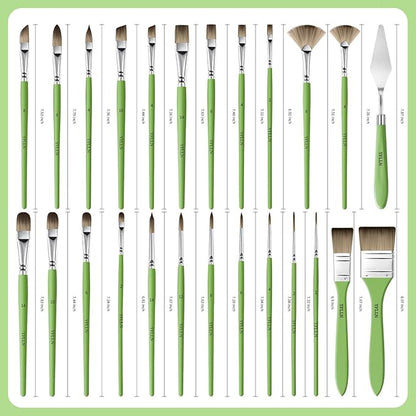 Paint Brushes Set of 25 Pieces Wooden Handles Brushes，Professional Artist Series with Filbert, Fan, Dagger, Cat Tongue, Round, Angle, Wide Flat Canvas Roll Bag & Palette Knife