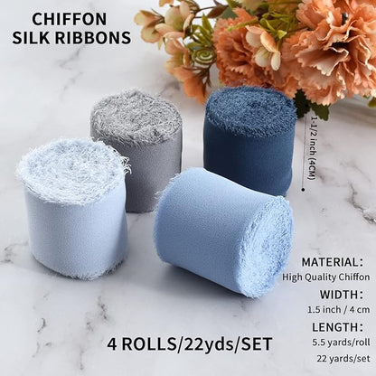 TONIFUL 4 Rolls Silk Chiffon Ribbon, 1-1/2 Inch x 22yds, Dusty Blue Chiffon Ribbons Set, Handmade Fringe Silk Ribbon for Gift Wrapping Bridal Bouquets Wedding Invitations Decoration Crafts