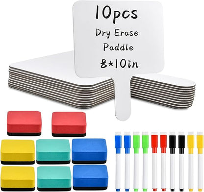 10 Pcs Dry Erase Answer Paddle, 10 x 8 Inch Auction Paddles with Markers and Erasers, Handheld White Board with Handle for Teaching Meeting Bidding Voting Games (Double Sided)