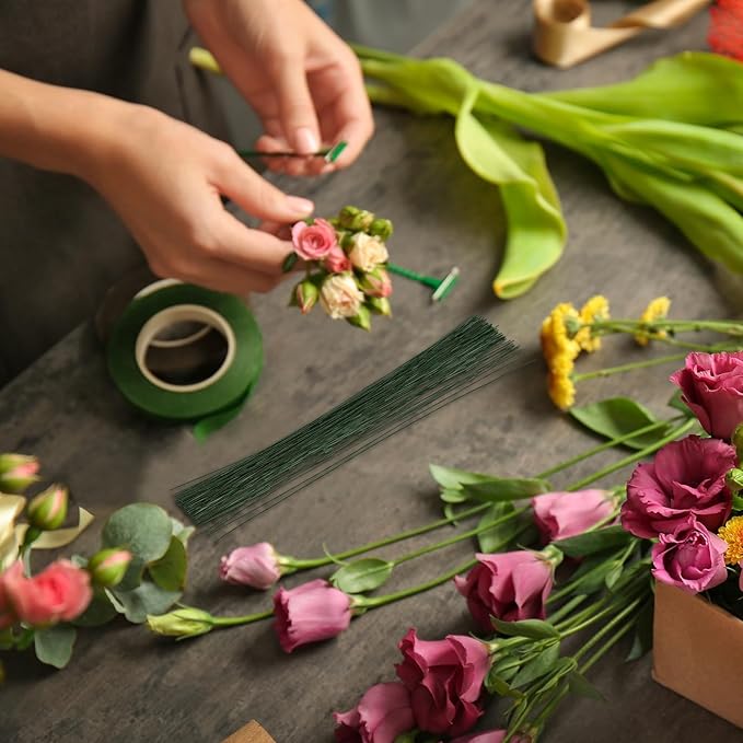 PATIKIL 24 Gauge 16" Floral Stem Wire, 100 Pcs Paper Wrapped Iron Artificial Flower Stem Accessories for DIY Bouquet Stem and Craft Decoration, Dark Green