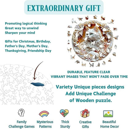 Wooden Puzzles Adults, 3D Cute Cat Wooden Puzzles 200 Pieces, Unique Animal Shaped Wood Challenging Jigsaw Puzzles Gifts for Adults, 11.4x11.4in