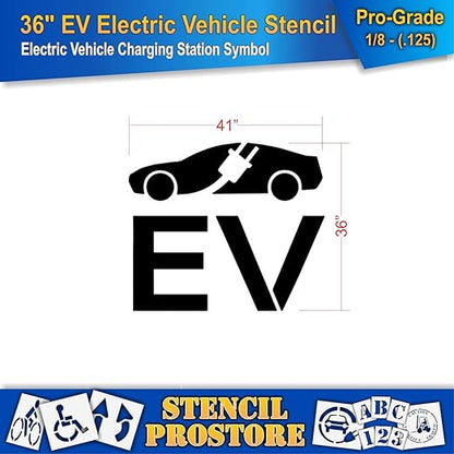 Pavement Stencils - 36 in - Electric Vehicle Silhouette with Plug and EV Letters - 35'' x 41'' x 1/8" (128 mil) - Pro-Grade