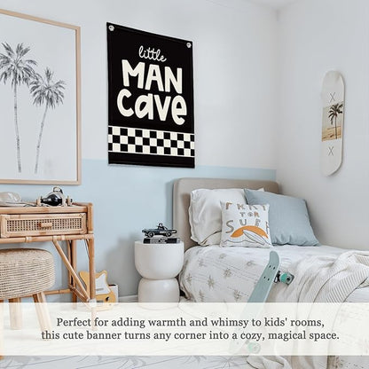 Boy Room Decor,Little Man Cave Sign for boys,Little Man Cave Linen Canvas Banner,Kids Room Wall Hanging Flag Banner, Adventure Nursery Sign for Baby and Kids, Playroom Wall Hanging Flag 18x25 Inch