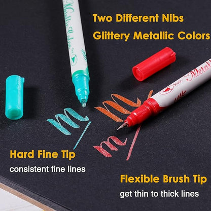 Sunshilor Metallic Markers Dual Tip Metallic Marker Pens Brush and Fine Point Pens for Black Paper, Rock Painting, Easter Egg, Halloween Pumpkin, Card Making, Metal, Ceramic, Wine Glass