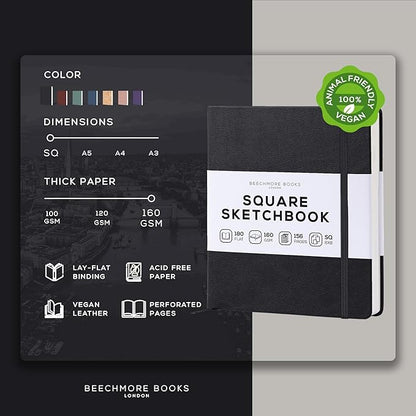Beechmore Books Square Sketchbook – 8x8 Premium Vegan Leather Bound Large Sketch Book Hardcover with 156 Thick 160gsm Perforated Ivory Pages, Blank Sketch Pad, Gift Boxed Back Pocket, Ribbon Bookmark