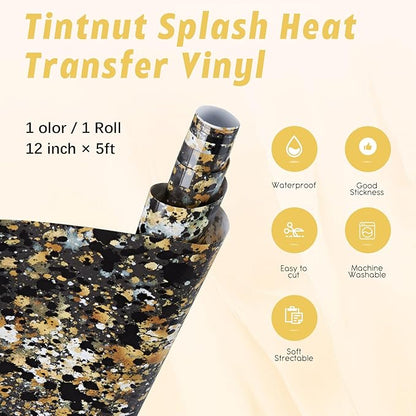 Tintnut Splash Heat Transfer Vinyl Roll - 12 Inch x 5ft Black Gold Watercolor Ink Patterned HTV Splatter Iron On Vinyl DIY T-Shirts Hats Clothes Canvas Bags