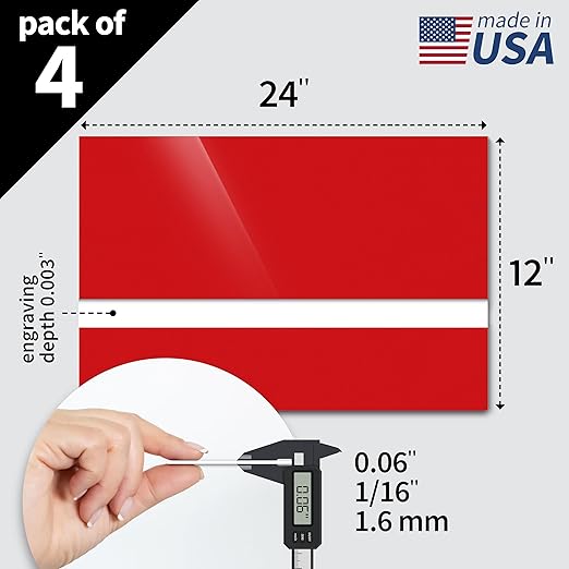 Trotec TroLase | 12"x24"x1/16", 4 Pcs | Gloss Red/White | 2 Ply | Modified Acrylic | Laser Engraving Double Color Plastic Sheet | Engraving Blanks for Laser, Saw, Guillotine | Made in USA
