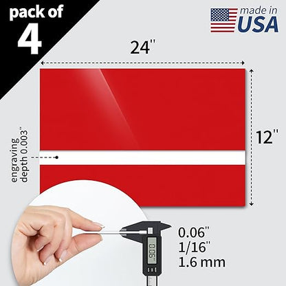 Trotec TroLase | 12"x24"x1/16", 4 Pcs | Gloss Red/White | 2 Ply | Modified Acrylic | Laser Engraving Double Color Plastic Sheet | Engraving Blanks for Laser, Saw, Guillotine | Made in USA
