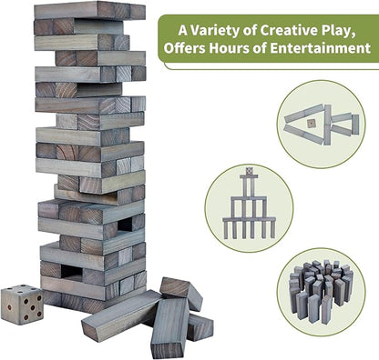 ApudArmis 54 PCS Tumble Timber Set Up to 3.2FT, Pine Wooden Tumble Tower Game with Dice and Scoreboard Set - Classic Block Stacking Board Game for Adults Teenagers (Gray)