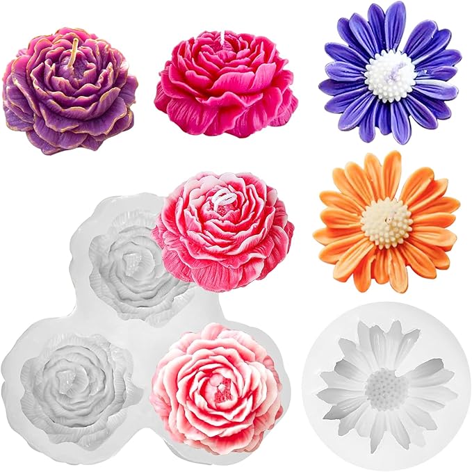 JDH 2PCS Peony Candle Mold Daisy Flower Silicone Molds,3D Flower Fondant Mold for DIY Epoxy Resin Casting Handmade Soap Ice Epoxy Resin Concrete Valentine's Day Mother's Day