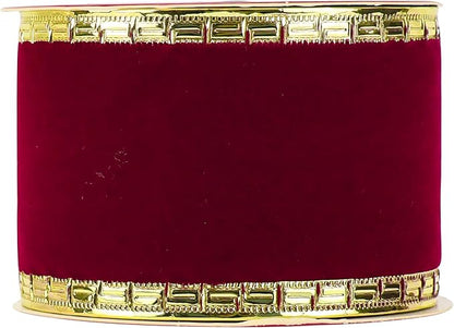 MEEDEE Burgundy Velvet 2.5 Inch Dark Red Christmas Ribbon 10 Yards Wired with Gold Greek Key Edge for Tree Decoration