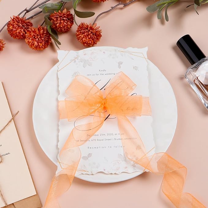 Ribbon for Gift Wrapping 3/4 inch Orange Sheer Organza Ribbon for Flower Bouquet Tulle Thin Chiffon Ribbons for Wedding Invitations Christmas Halloween Presents Decorations Crafts 50 Yards