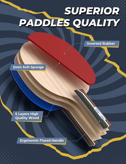 Glymnis Ping Pong Paddles Set Table Tennis Rackets with Balls, Storage Case for Indoor Outdoor Table Tennis Paddle Game Accessories