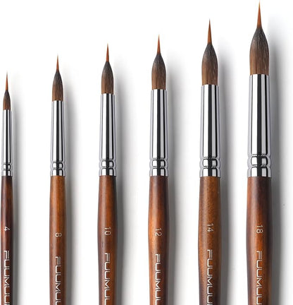 Watercolor Brushes Professional, Fuumuui 6Pcs Extended Needle Point Brushes Synthetic Extra Long Pinhead Brush with Sable Body for Fine Detailing - Watercolor Acrylic Gouache Inks Painting